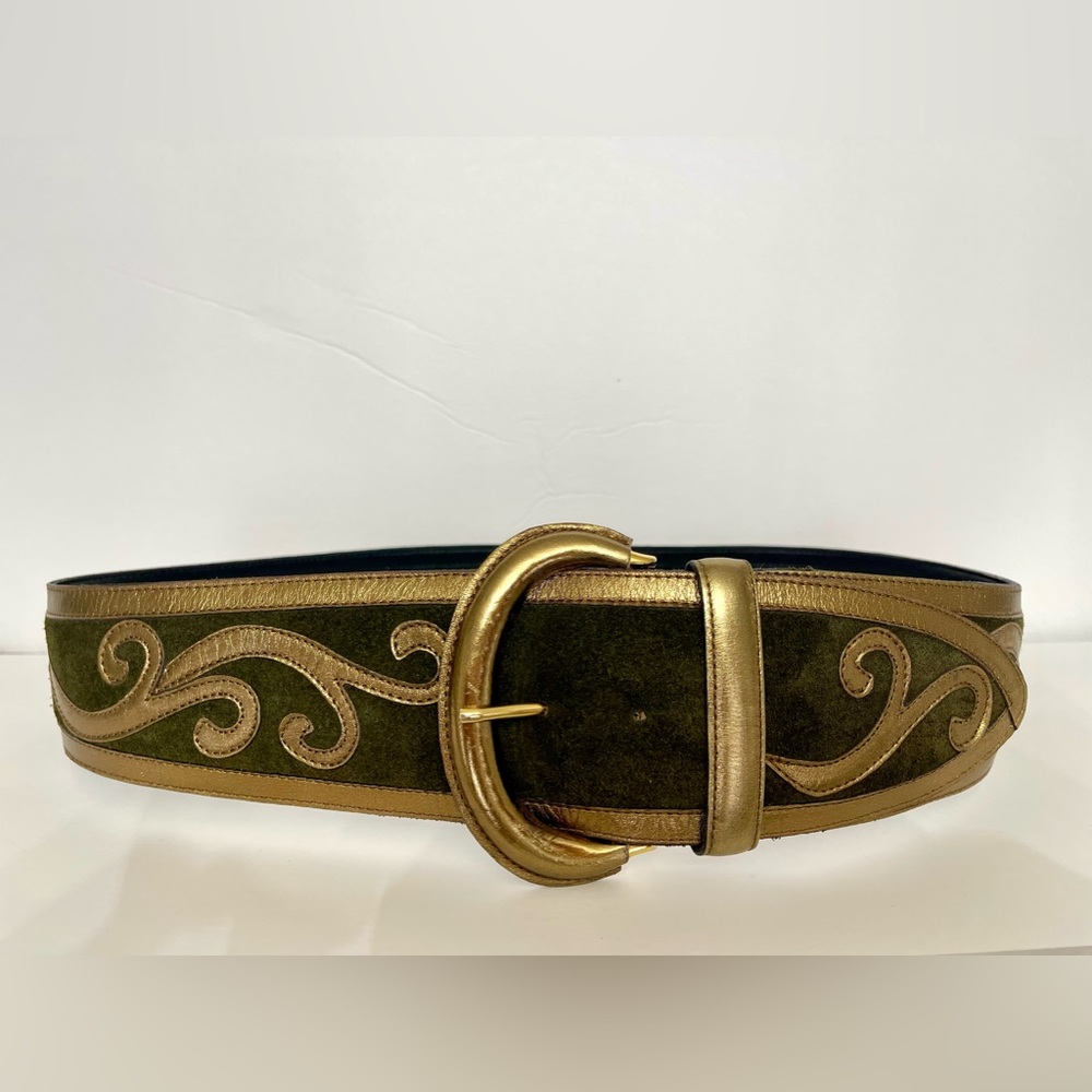 Vintage Avignon Spain Genuine Leather & Suede belt Dark Olive Green Bronze
